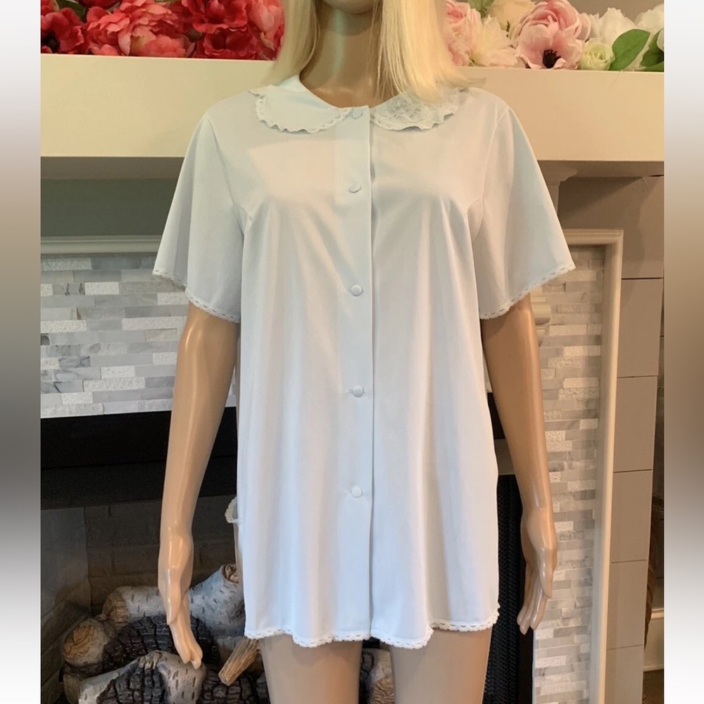 Vtg SHADOWLINE Blue Silky Nylon Lingerie Gown Night Wear Shirt Lace Sz L